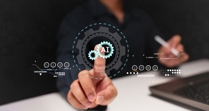A person interacts with a futuristic digital interface featuring AI and gear icons, symbolizing technology and artificial intelligence innovation. - Powered by Adobe