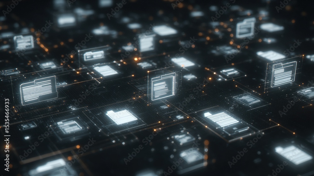 Poster abstract network grid with files and folders, futuristic software interface, digital document manage