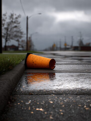 overturned traffic cone on a flooded sidewalk, cloudy weather