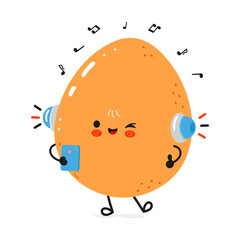 Cute Egg character enjoying music, holding a smartphone, and winking happily