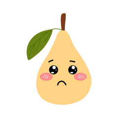 Pear kawaii flat illustration. Stylized vector character with smiling face, sad, cry and variant different expression face. 