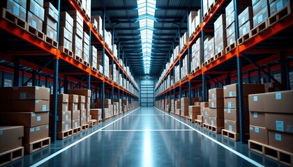 Fototapeta premium Dark Warehouse Interior with Shelves and Stacked Boxes