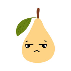 Pear kawaii flat illustration. Stylized vector character with smiling face, sad, cry and variant different expression face. 