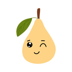 Pear kawaii flat illustration. Stylized vector character with smiling face, sad, cry and variant different expression face. 