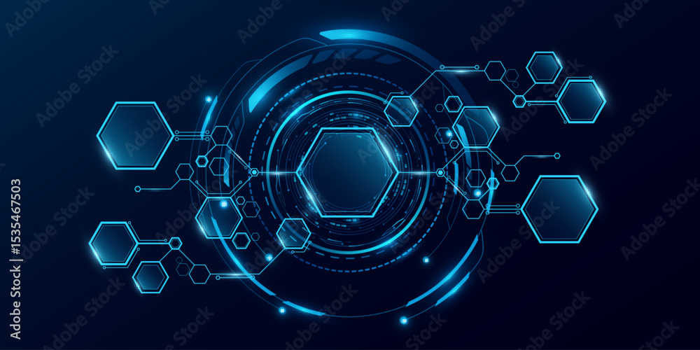 Poster futuristic digital hud interface with hexagonal structure linked by glowing blue circuits and nodes.