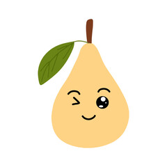 Pear kawaii flat illustration. Stylized vector character with smiling face, sad, cry and variant different expression face. 
