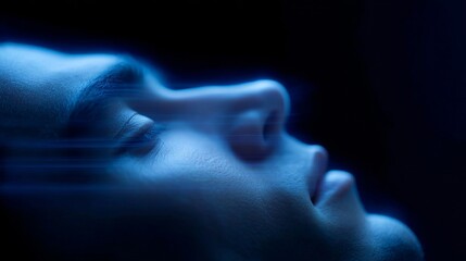 A serene profile of a person in soft blue light. The image captures a dreamlike essence and calm demeanor. Perfect for modern art and digital concepts. Elegant and ethereal style. AI
