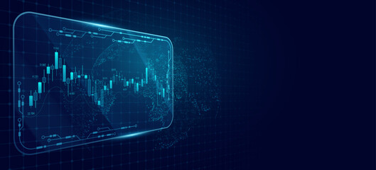 World market analysis interface with glowing candlestick chart and planet map. Global data visualization. Trading platform, investment economy analytics for FinTech background. Vector illustration.