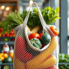 A reusable organic cotton mesh bag, full of fresh produce.