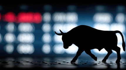 Bull Silhouette with Stock Market Board Background