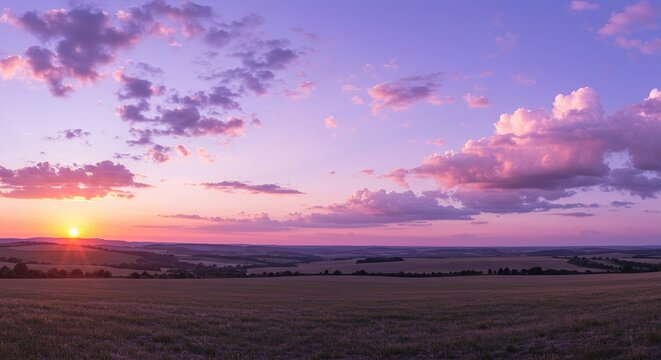 The sunset paints the sky in vibrant pink and purple over a tranquil landscape.