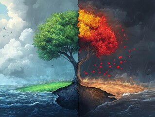 Digital Art: Dual Nature Tree, Spring vs. Autumn, Island Seascape, Stormy Weather, Conceptual Painting