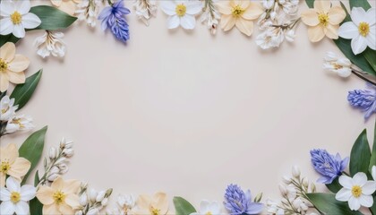 A floral frame made of white, yellow, and purple flowers with green leaves on a light background. Ideal for invitations or greeting cards.