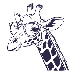 A stylish illustration of a giraffe wearing glasses depicted in a simple black and white vector design
