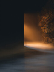 shadowy entrance to an underground tunnel with diffuse fog
