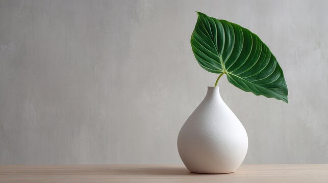 A minimalist composition featuring a lush green leaf in a white vase, creating a modern aesthetic.