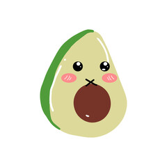 avocado kawaii cartoon character, kawaii cute avocado with a smile. Avocado kawaii flat illustration. Stylized vector character with smiling face,