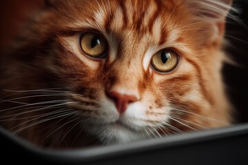 Close up of a ginger cats face focusing on the eyes nose and whiskers