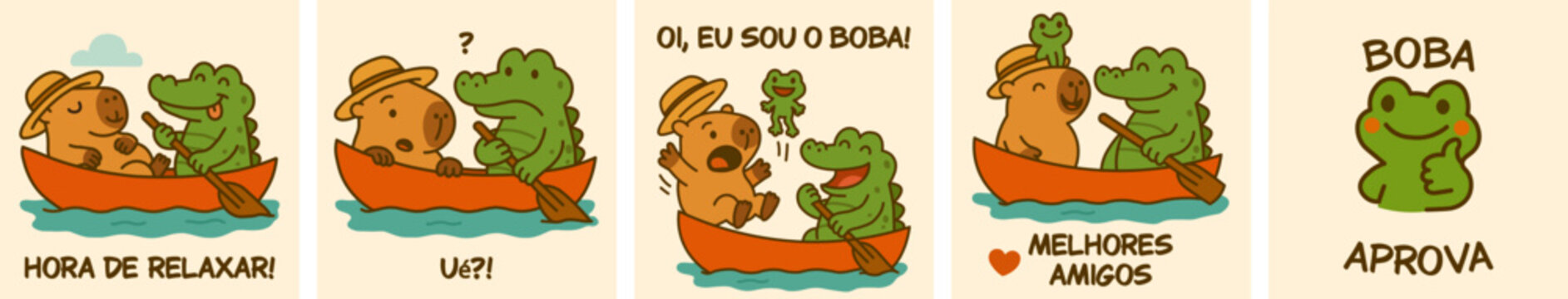 Set of four cards with Cute cartoon comic featuring a capybara, a caiman, and a tiny frog named Boba. They relax, paddle a boat, and become best frie