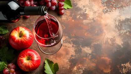 Apple Wine Glass with Dripping Liquid and Fresh Grapes