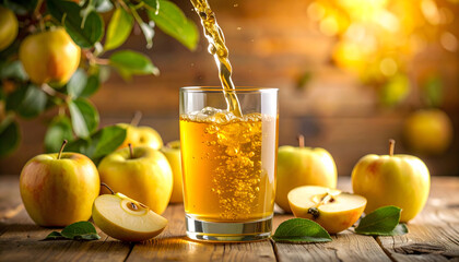 Fototapeta premium Apple Cider Pouring into Glass with Fresh Apples