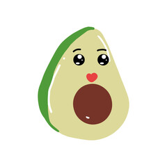 avocado kawaii cartoon character, kawaii cute avocado with a smile. Avocado kawaii flat illustration. Stylized vector character with smiling face,