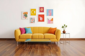 Fototapeta premium Bright yellow couch, colorful art, minimalist living room
