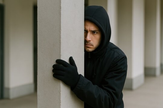 Man hides cautiously behind a concrete post, observing surroundings in an urban environment at dusk