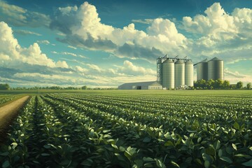 Soy field and agricultural silos