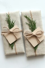 Two gifts wrapped with burlap, twine and evergreen sprigs.