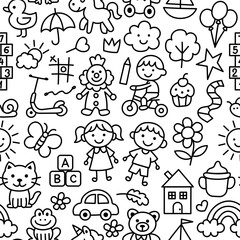 Preschool kindergarten doodle line seamless pattern. Cute daycare hand drawn elements. Vector illustration