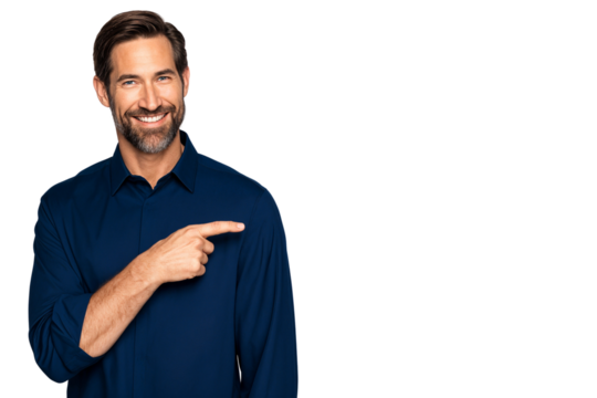 Cheerful adult man smiling and pointing to the side, isolated on transparent background. Perfect for promotion, advertisement, or presentation concepts