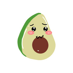 avocado kawaii cartoon character, kawaii cute avocado with a smile. Avocado kawaii flat illustration. Stylized vector character with smiling face,