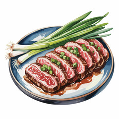Watercolor Bulgogi Beef with Green Onions on Ceramic Plate