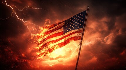 Dramatic depiction of the United States flag ablaze amidst stormy weather