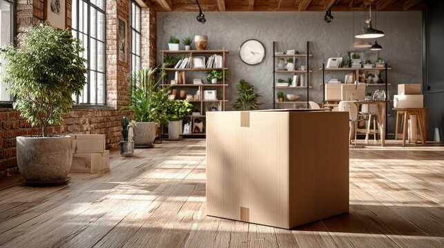 Cardboard box rests on a wooden table inside a modern storage room offering a clean and organized aesthetic - Powered by Adobe