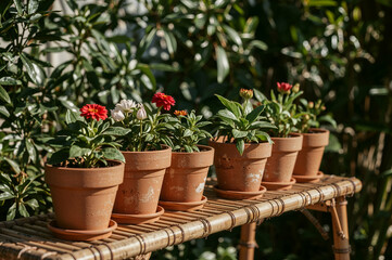 Fototapeta premium Charming Display, Clay Flower Pots with Blooming Zinnias Arranged on a Rustic Bamboo Table in a Garden Setting