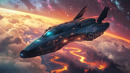 Obraz premium Mysterious spaceship hovers over vibrant alien landscape with glowing plants and surreal rock formations