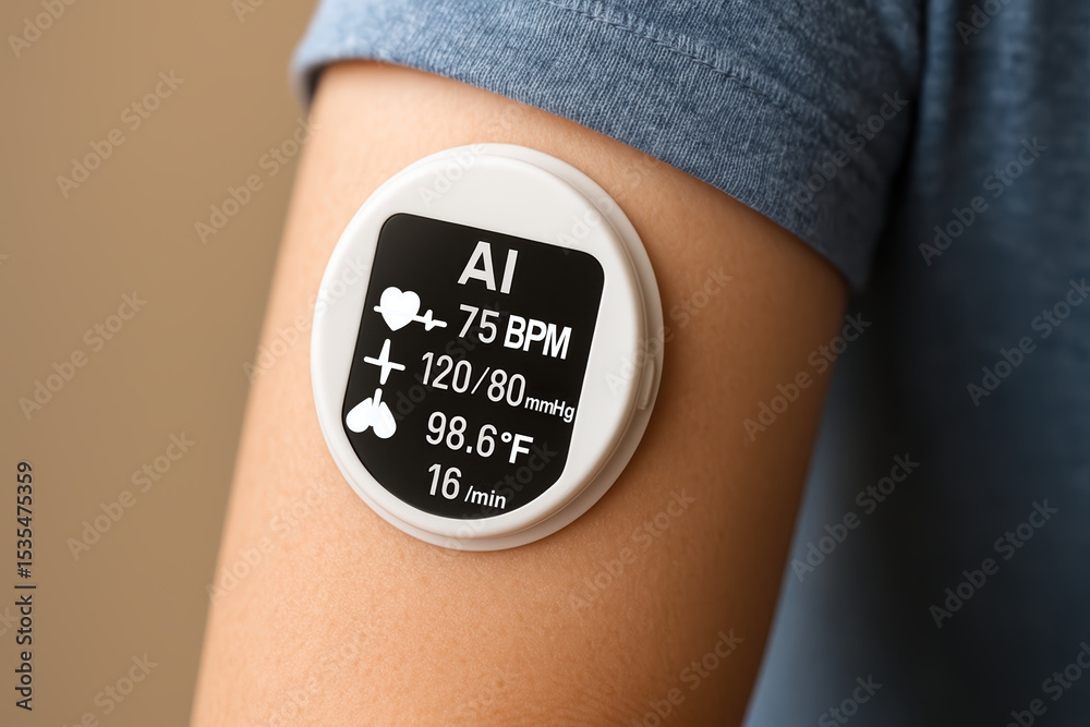 Poster health monitoring wearable device displaying heart rate and temperature in a casual setting