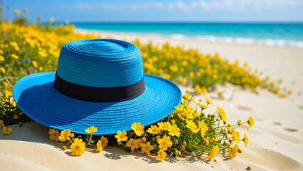 A colorful straw sun hat with flowers on a tropical beach, perfect for summer vacation fashion