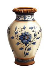 Handcrafted ceramic vase with blue floral design and orange accents