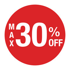 ”MAX30％OFF ”の文字入り　丸のベクターイラスト　赤色　白文字　背景透過　