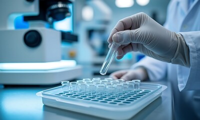 Scientist handling a test tube in a laboratory environment near the microscope