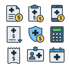 Collection of healthcare icons representing medical documents, insurance, and finances.