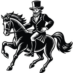 A distinguished gentleman rides a powerful horse in a classic vintage black and white vector illustration