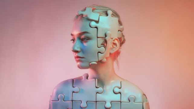 Conceptual artistic woman puzzle composition exploring mind and identity
