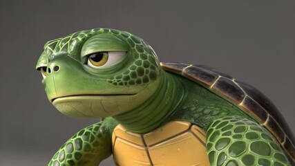 goofy turtle with big eyes making serious face in cartoon character pose