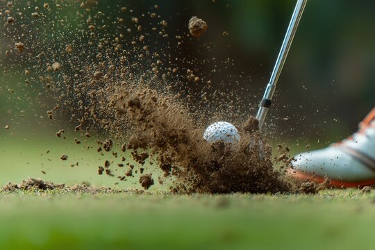 A powerful golf chunk shot at the moment of impact, with dirt and grass exploding