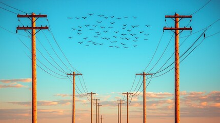 Birds flying over utility poles and power lines under a colorful sky