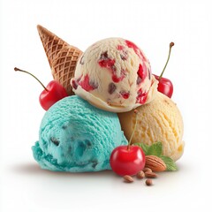 Ice cream scoops with cone isolated on white background.